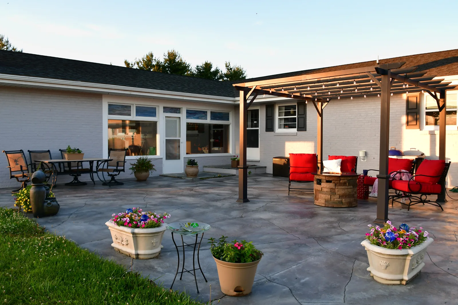 Stamped concrete patio with outdoor seating in Yucaipa CA